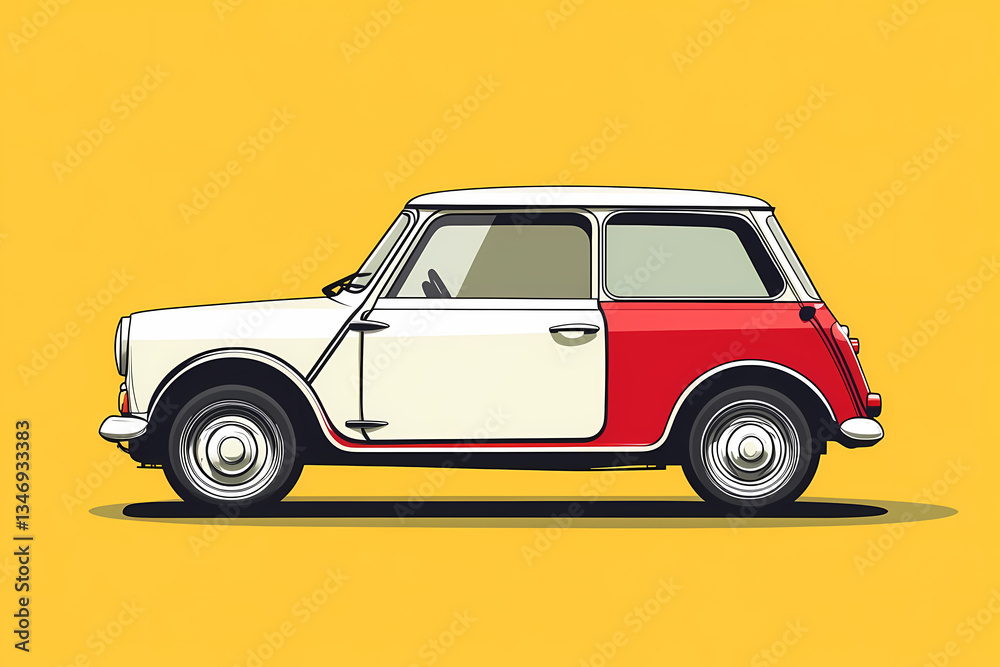 Colorful Classic Car on Yellow Background: A beautifully illustrated classic car with striking red and cream color blocking. Set against a vibrant yellow background. Colorful Classic Car on Yellow Background: A beautifully illustrated classic car with striking red and cream color blocking. Set against a vibrant yellow background.