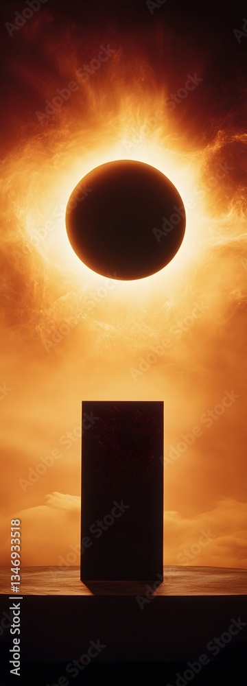 A podium standing in the heart of an active solar eclipse, with dramatic contrasts.