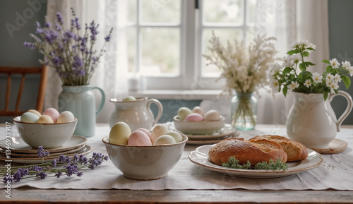 Wallpaper Mural Easter still life - view of rustic Easter breakfast table with lavender sprigs and wildflowers. Created using generative AI tools Torontodigital.ca