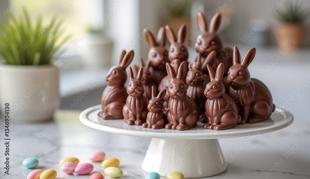 Easter still life - close-up view of chocolate bunnies of varying sizes displayed on cake stand. Created using generative AI tools