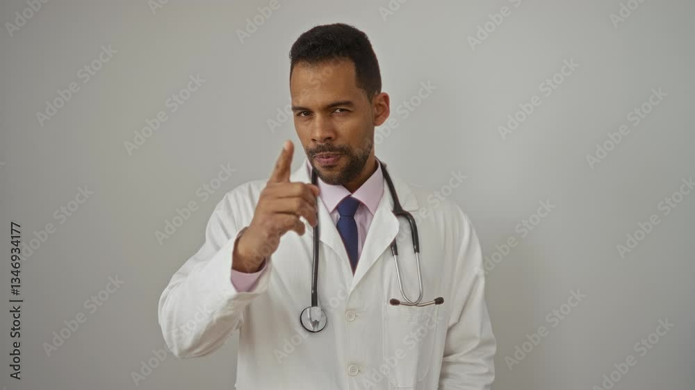 Doctor wearing a white coat with a stethoscope over white background pointing forward confidently in a studio setting Doctor wearing a white coat with a stethoscope over white background pointing forward confidently in a studio setting