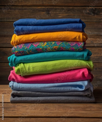 Colorful Stack of Folded T Shirts on Rustic Wood