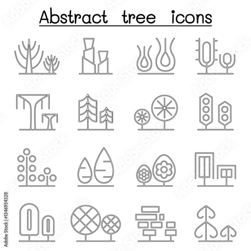 Abstract tree icon set in thin line style