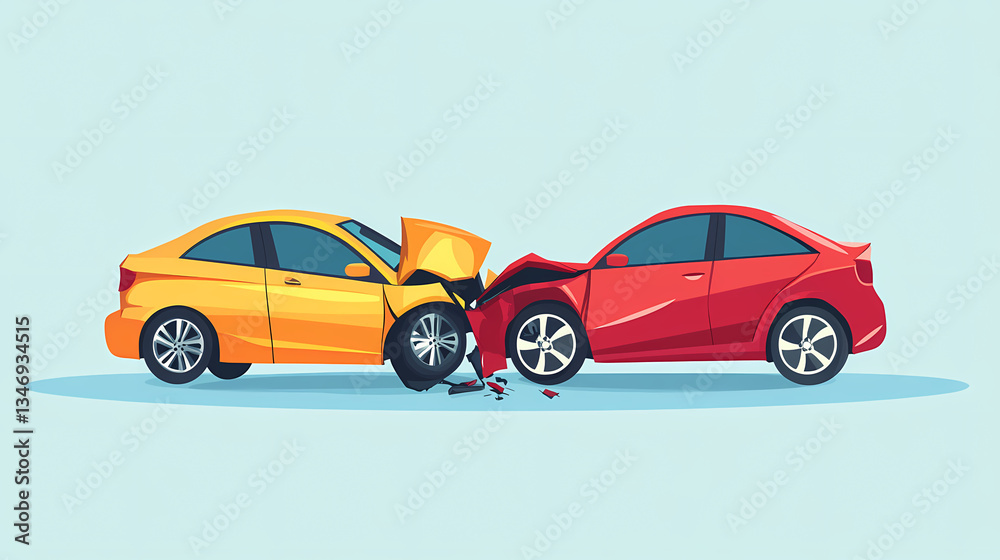 Obraz premium Collision of Car: Illustration of two cars crashed. The yellow and red car have collided head-on, with the front of both vehicles severely damaged.