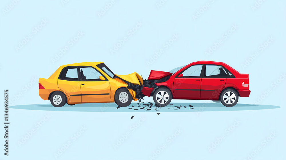 Fototapeta premium Car Crash Accident Scene: Depicts a head-on collision between a yellow car and a red car, showcasing the aftermath of the accident.