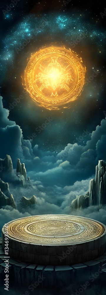 A magical rune-carved podium floating above an ancient summoning circle.