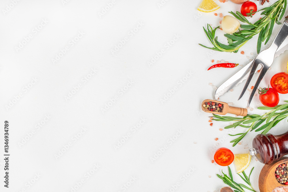 Fototapeta premium composition with ingredients for cooking, Herbs and condiments on light background. Top view, copy space