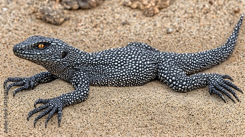 Black Spotted Lizard Crawling on Sandy Desert Ground in Natural Habitat