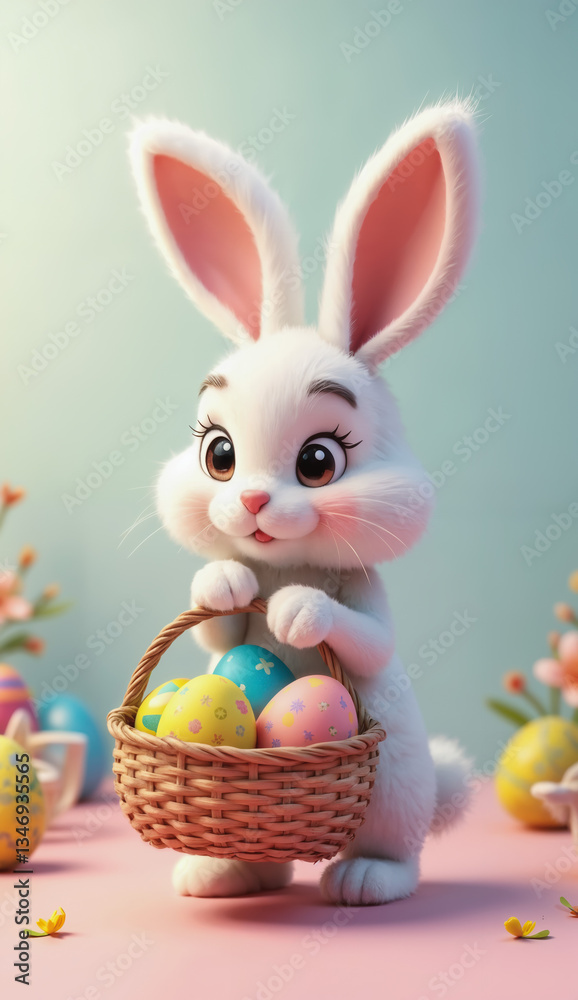Easter scene in 3D style - view of a cute the Easter bunny with an Easter basket in his paws. Created using generative AI tools