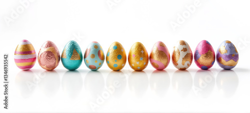 Obraz na płótnie Easter still life - view of a set of colorful Easter eggs with foil wrapping on white background. Created using generative AI tools w salonie