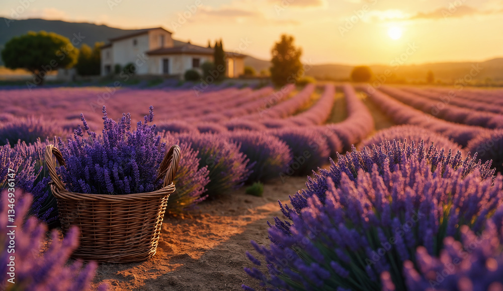 Rural landscape - view of lavender field with basket of lavender flowers in the rays of sunset, somewhere in Provence, France. Created using generative AI tools