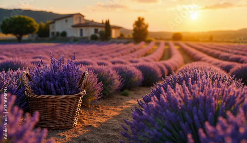 Obraz na płótnie Rural landscape - view of lavender field with basket of lavender flowers in the rays of sunset, somewhere in Provence, France. Created using generative AI tools w salonie