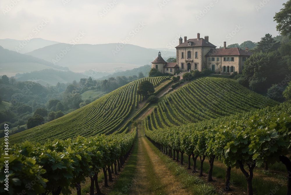 Rural landscape - view of vineyard on rolling hills with a rustic chateau in the background. Created using generative AI tools