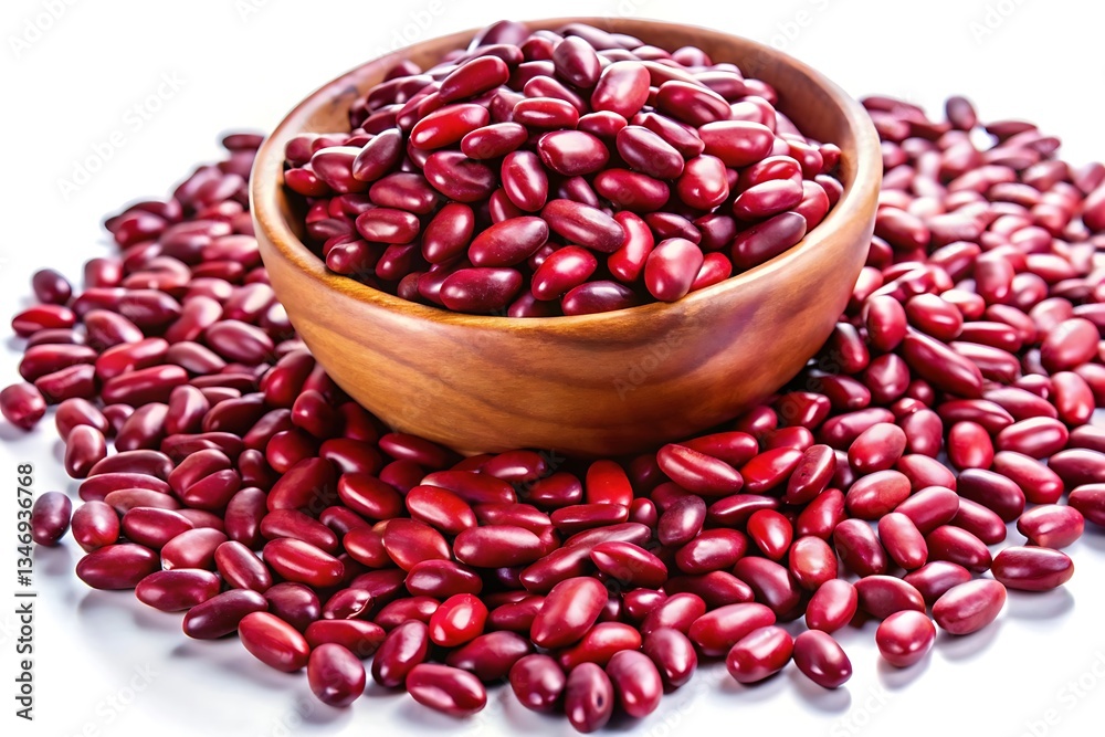 A wooden bowl filled with red kidney beans sits on a white background, with more beans scattered around it. A wooden bowl filled with red kidney beans sits on a white background, with more beans scattered around it.