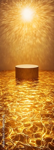 Obraz na płótnie A podium surrounded by cascading golden liquid, reflecting endless light. w salonie