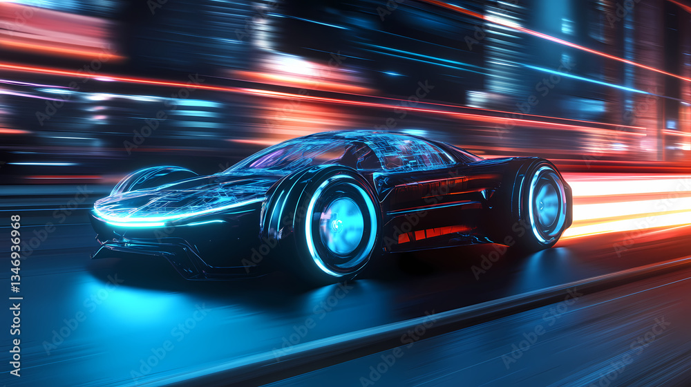 Fototapeta premium Neon Speed: A futuristic sports car races through a cityscape at high speed, illuminated by vibrant neon lights, a symbol of modern technology and advanced transport. 