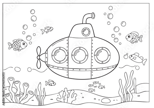 Submarine Adventure: Underwater Exploration Coloring Page