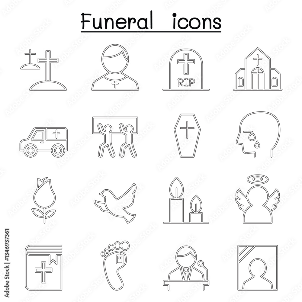 Funeral & burial icon set in thin line style Funeral & burial icon set in thin line style