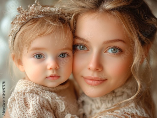 A photo of a young woman and a small child. Both are wearing warm brown knitted hats and sweaters. The woman has light hair and blue eyes, smiling. The child also has light hair and blue eyes, looking