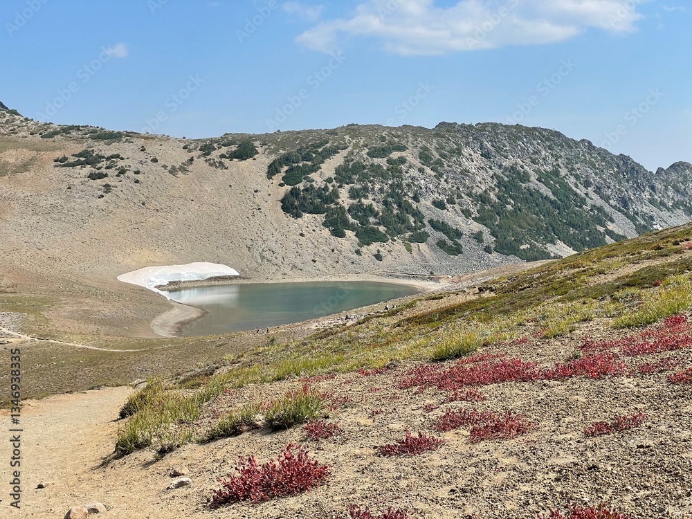 Obraz premium alpine mountain lake just past sunset lodge, Frozen Lake in Mount Rainier National Park