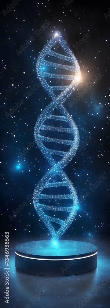 A podium shaped like interlocking DNA strands, glowing with technological innovation.