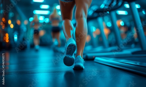 A person in sports shoes running on a treadmill in a gym. The view is from behind, focusing on the legs and shoes. The gym lighting is bluish, creating a modern atmosphere. In the background, other pe