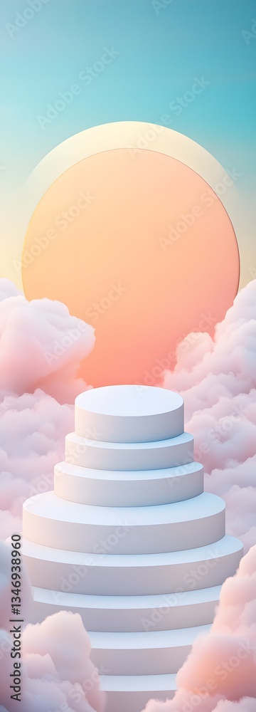 A podium floating in soft pastel-colored clouds, radiating a dreamy atmosphere.