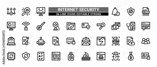 36 Internet Security Line Icons Set Pack Editable Stroke Vector Illustration.