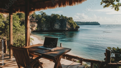 A digital nomad lifestyle working remotely by the beach.