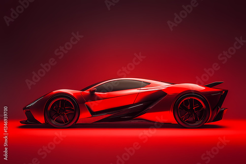Scarlet Velocity: A sleek and modern sports car, bathed in crimson light, embodies speed and luxury, perfect for automotive enthusiasts and high-end design collections.