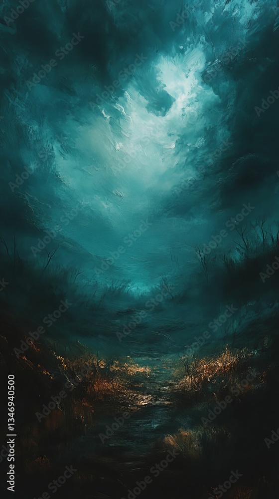 Fototapeta premium Ethereal teal sky meets shadowy golden earth.