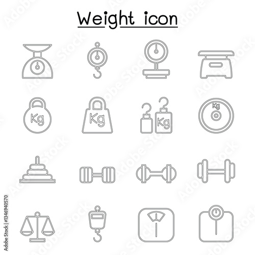 Weight, scale, balance, icon set in thin line style