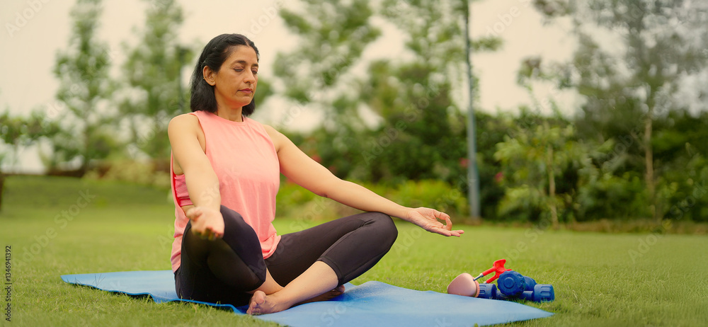 Φωτογραφία Indian old gen x woman lady sitting cross leg on mat closed eyes do self body ca