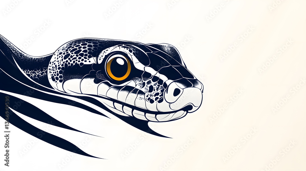 Naklejka premium A stylized illustration of a snake's head, featuring intricate patterns and a striking yellow eye, set against a light background