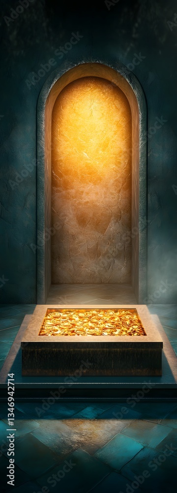 A podium placed inside a hidden treasure vault, glowing with gold and jewels.