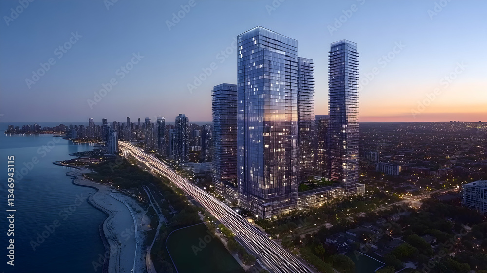 Fototapeta premium Cityscape twilight lakefront towers