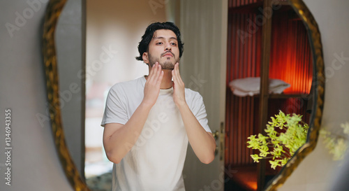 Canvas Print Indian Asian gen z young adult single happy man male guy smiling look mirror tou
