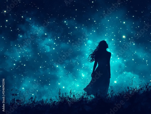 A silhouette of a woman stands against a starry night sky. Her long hair blows in the wind, and her figure leans slightly back, admiring the stars. The foreground features outlines of plants. Dark blu