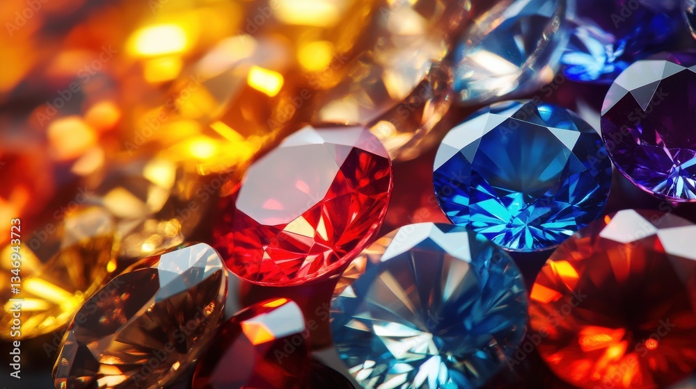 Multicolored Gemstones with Sapphire Blue, Ruby Red, Amber Gold in a Gradient Arrangement, Ideal for Opulent Designs