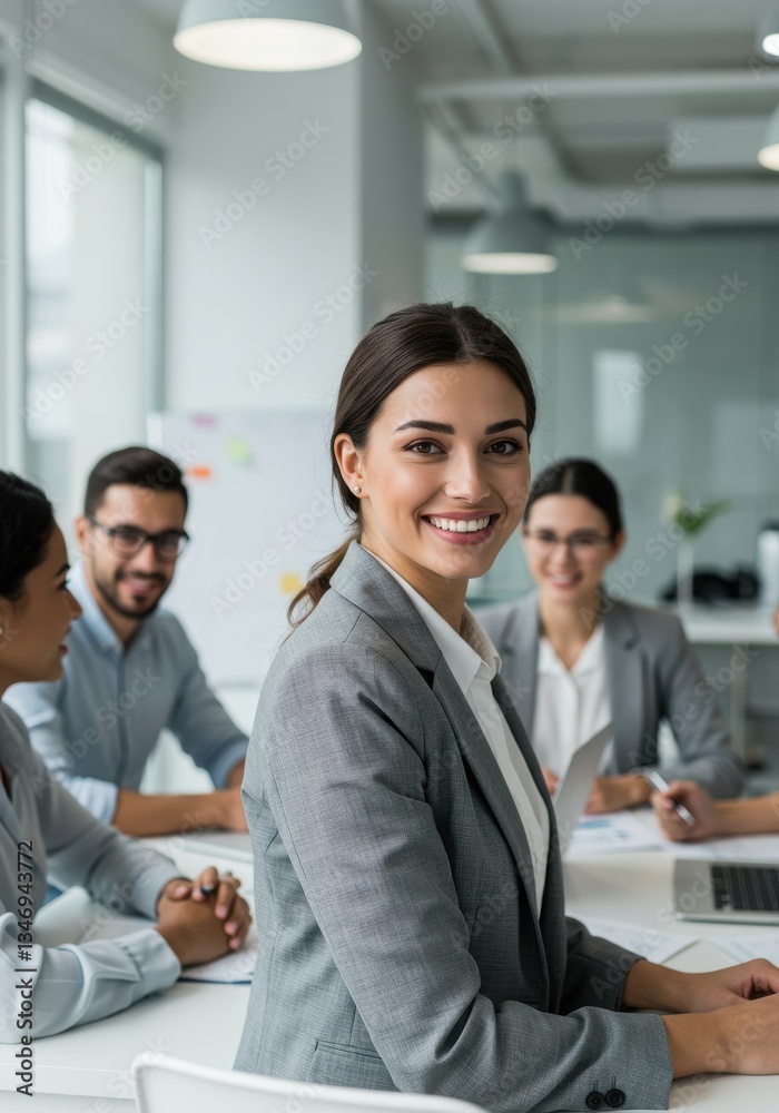 Smiling woman in gray blazer at conference table with colleagues in bright modern office space Smiling woman in gray blazer at conference table with colleagues in bright modern office space