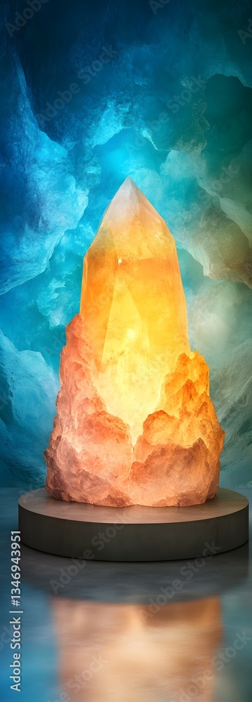 A podium set inside a radiant crystal cavern, reflecting vibrant hues.
