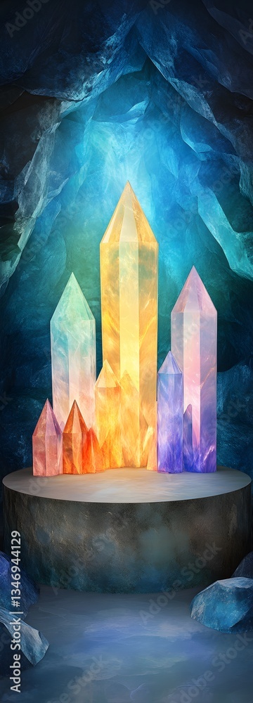 A podium set inside a radiant crystal cavern, reflecting vibrant hues.