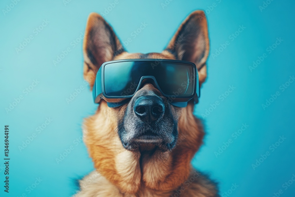 German shepherd dog wearing futuristic black sunglasses against a blue background, concept of technology German shepherd dog wearing futuristic black sunglasses against a blue background, concept of technology