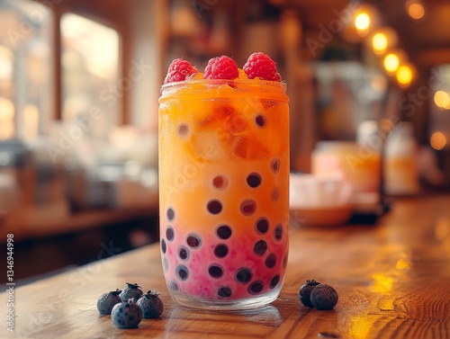 Transparent jars with drinks on a wooden table