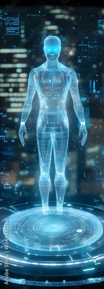 A cybernetic podium integrated with floating AI holograms.