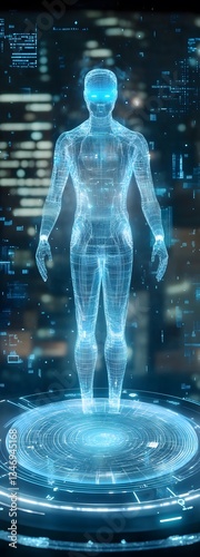 Obraz na płótnie A cybernetic podium integrated with floating AI holograms. w salonie