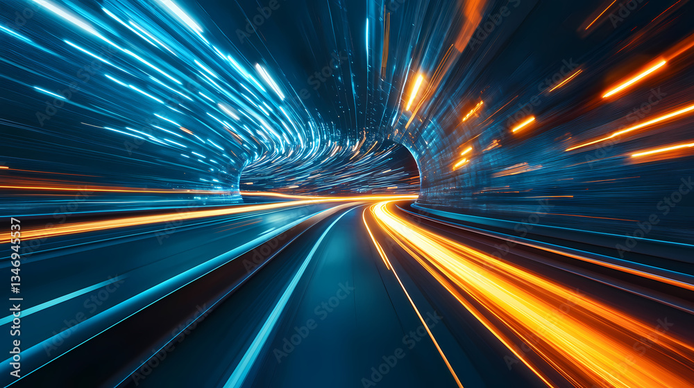 Obraz premium Neon Speed Tunnel: A mesmerizing display of speed and motion as a tunnel pulsates with neon streaks of blue and orange, creating a vibrant and futuristic perspective.