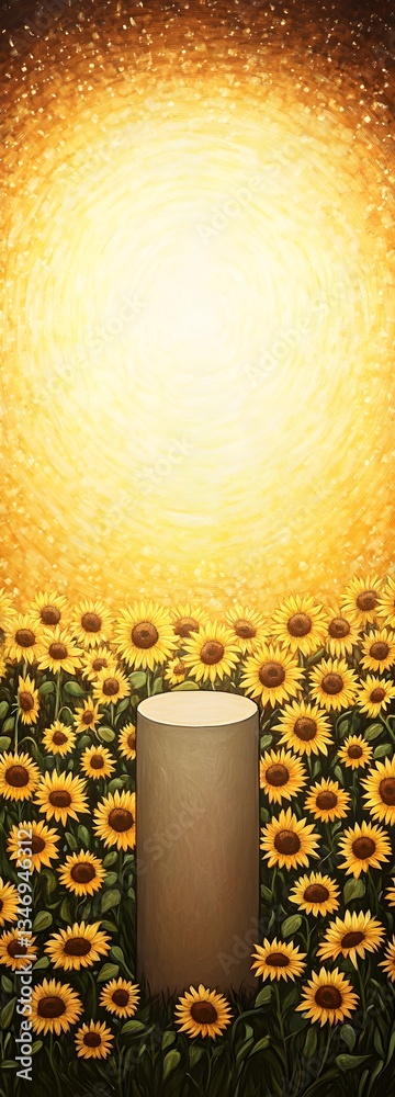 A podium standing in a field of sunflowers, glowing in golden sunlight.