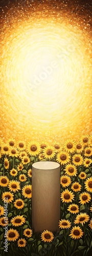 Obraz na płótnie A podium standing in a field of sunflowers, glowing in golden sunlight. w salonie