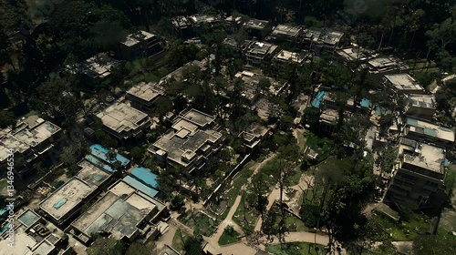 Aerial View of Scenic Urban Residential Area Surrounded by Trees